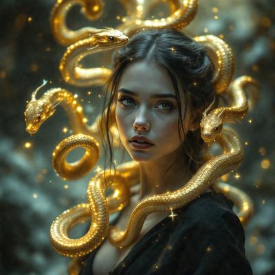 The primary subject of the image is a woman with a snake wrapped around her neck. The setting is a dark, possibly magical, environment. The visual style is a combination of a photo and digital art, creating a unique and captivating scene. The colors and mood are predominantly dark and mysterious, with the snake's gold color adding a touch of elegance to the overall atmosphere.